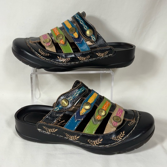 Elite by Corkys  Heidi Hand-painted Black Leather Mules Women's 37/US 6.5 - Picture 1 of 12